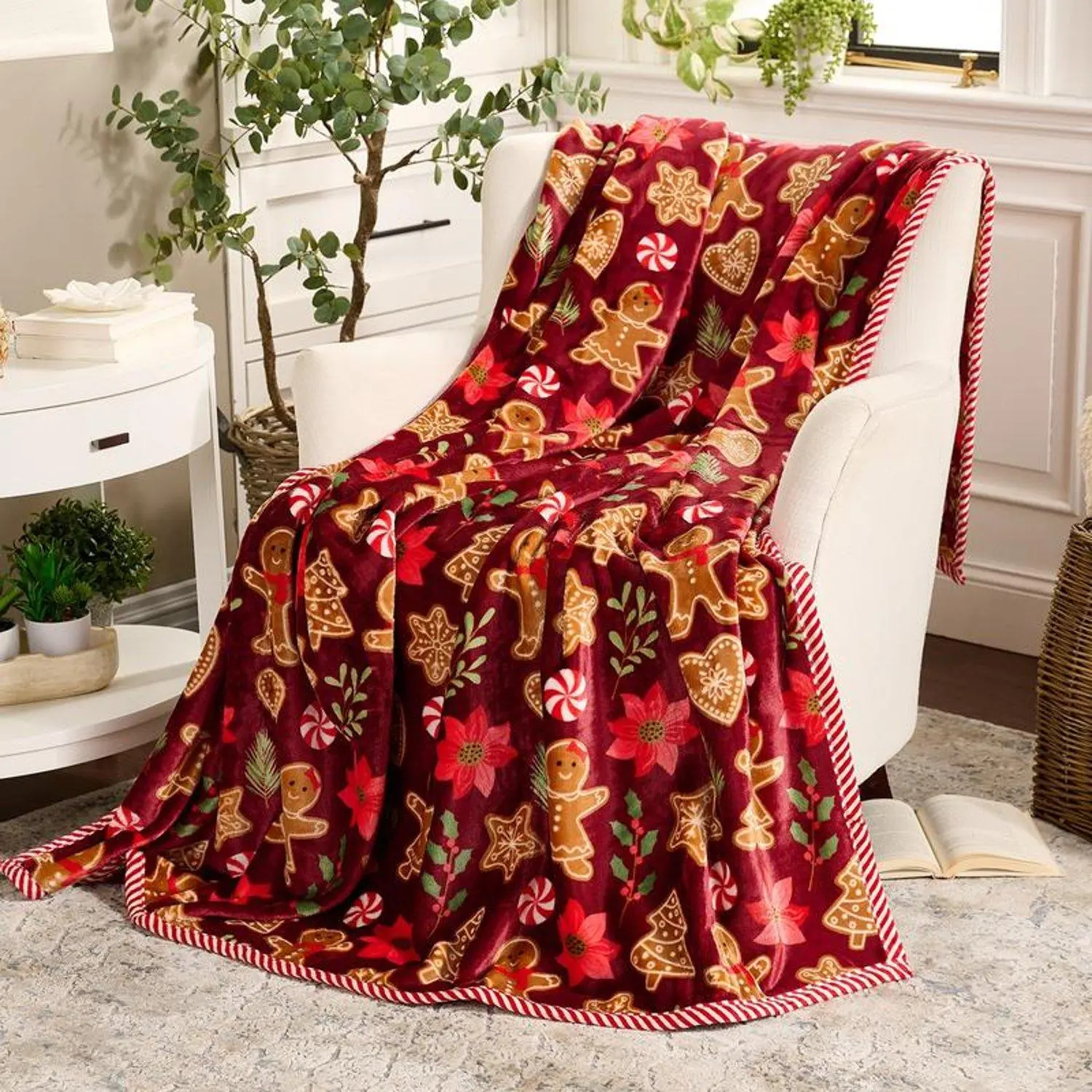 Classic Holiday Printed Plush Fleece Throw Blanket with Border - Cozy, Warm, Decorative for Home, Room Decor, House Decor - 60x80 in for Living Room, Bedroom Use
