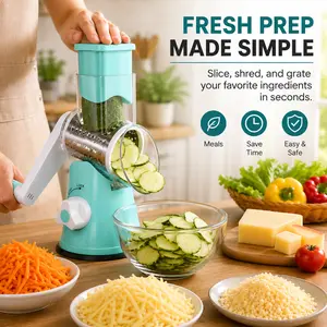 Manual Rotary Cheese Grater with 3 Stainless Steel Drums, Vegetable Slicer & Shredder for Cheese, Potatoes, Carrots and Cucumbers