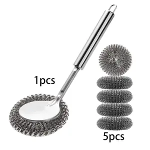 Stainless Steel Cleaning Set, Handheld Wire Brush Cleaner, Cast Iron Scrubber, Includes 5 Replacement Heads & Long Handle Pot Brush