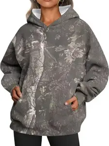 Womens Camo Hoodies Maple Leaf Print Oversized Hooded Sweatshirt Fleece Pullover Sweatshirts Long Sleeve with Pocket