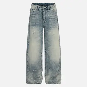 Aelfric Eden Menswear Rhinestone Cotton Pants - High Waist Baggy Plain Vintage Gradient Washed Heavyweight Denim Casual Streetwear Unisex Jeans