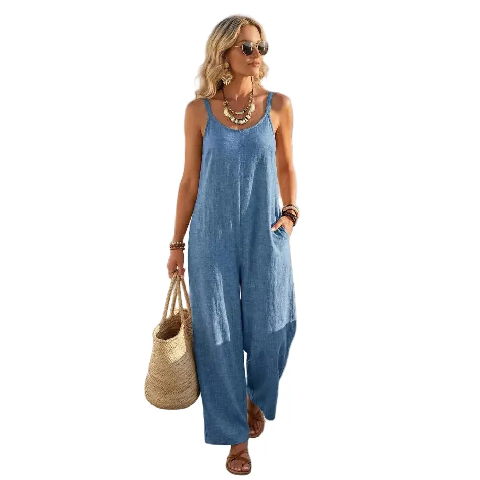 Women's Sleeveless Army Style Summer Polyester Solid Wide-Leg Overalls - Lightweight, Comfortable Day Jumpsuit
