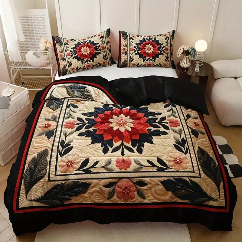 3pcs Vintage Floral Print Durable Bedding Set, 1 Quilt Cover + 2 Pillowcases, Breathable and Easy Care, Extra Large and Plus Size