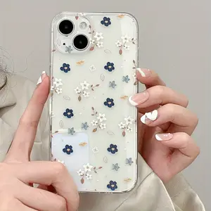 Transparent Anti-Drop Soft Case with Blue- Floral Pattern, Tpu Material for iPhone 11/12/13/14 Pro Max/15 Pro/16 Plus/16 Pro Max