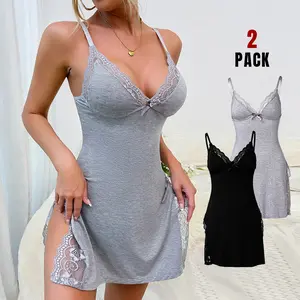 ChicMe Women's 2-Pack Lace Trim Babydoll Nightgown Side Slit Bowknot Decor Modal Cami Sleep Dress