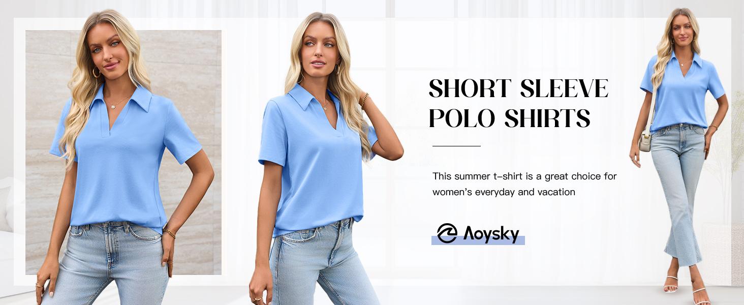 Aoysky Women's Short-Sleeve Fitted Minimalist Lightweight Polyester V-Neck Collared Polo Shirts - Business, Dressy Casual Summer Tops