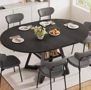 Jocoevol Round Dining Table for 4 6 8, Kitchen Dining Room Dinner Table, Space Saving Extendable Oval Circle Furniture with Pedestal and Storage for Kitchen Living Room (Black, 43-57In(for 4-6))
