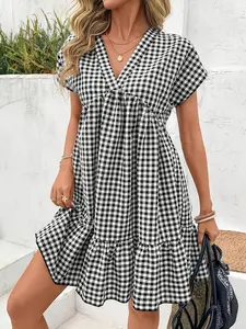 Women's Fashion Feminine Plaid V-Neck Mini Dress, Short Sleeve Ruffle Hem, Casual Summer Beach Vacation Picnic Dress, Loose Fit Daily Wear, Womenswear Ruffled