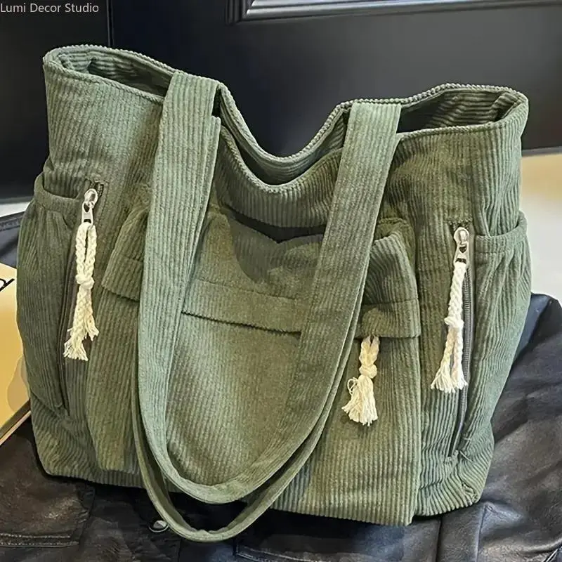 Women's Multi-Pocket Corduroy Tote Gym Bag - Large Capacity Multi-Compartment Shoulder Bag with Secure Zippers, Fixed Straps for Everyday Use, Commute, Travel, Everyday Bag, Multi-Compartment Shoulder Bags
