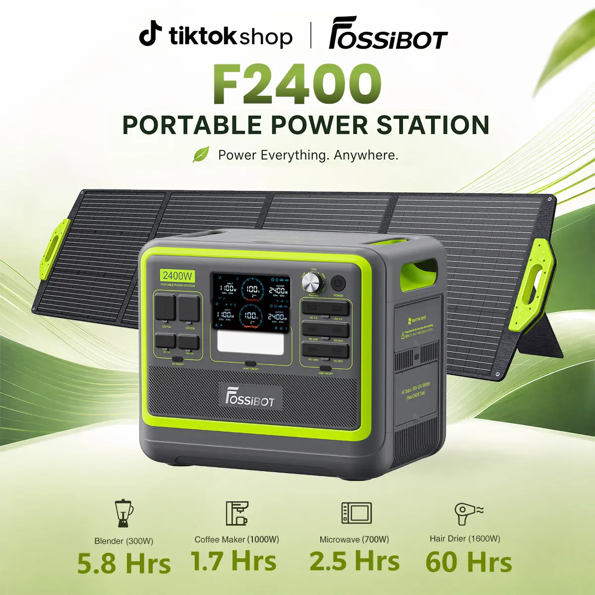 【DealsForYouDays】FOSSiBOT F2400 Portable Solar Powered Power Station - 2400W (4800W Peak), 2048Wh LiFePO4 Battery, 1100W AC & 500W Solar Charging, 1.5H Fast Charging, Car Input, APP Control, for Camping, RV Life, Home Emergency, Kit, Dual Use