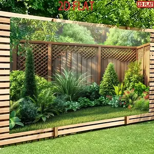 2D Flat Party Banner, Decorative Banner - Lush Green Garden Climbing Plants and Wooden Fence Design with Lattice Privacy Screen - Polyester Fabric Indoor/Outdoor Decoration for Weddings, Birthdays, Photo Shoots - Easy-to