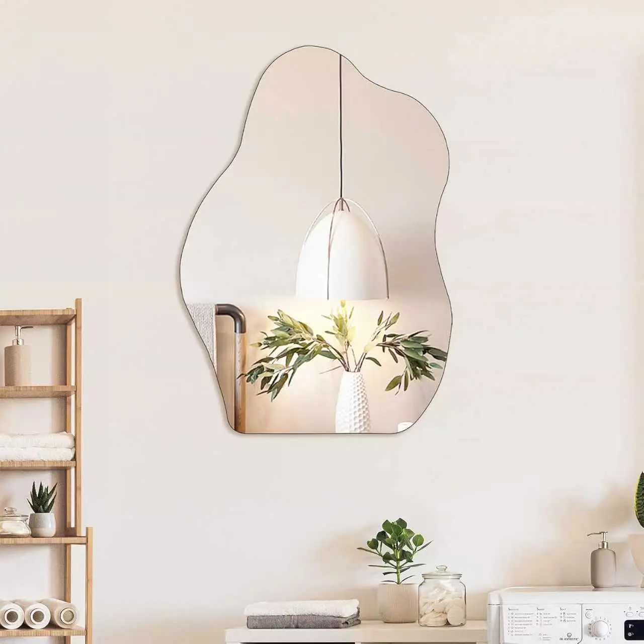 Small Irregular Hanging Mirror, 15.7 x 11.8 Inches, Slender Vertical Wave Shape | Frameless Design, Suitable for Entryways, Hallways, and Bathrooms, Modern Bohemian Style, Wall-Mounted (Small Size)