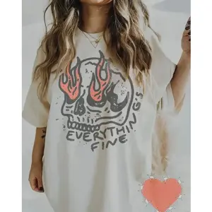 Aesthetic 'Everything's Fine' Skull Graphic T-Shirt | Premium 100% Cotton Heavyweight Tee | Vintage Retro Grunge Style Apparel | Funny Sarcastic Rebel Rock Streetwear | Soft Breathable Loose Fit Summer Top 6RT