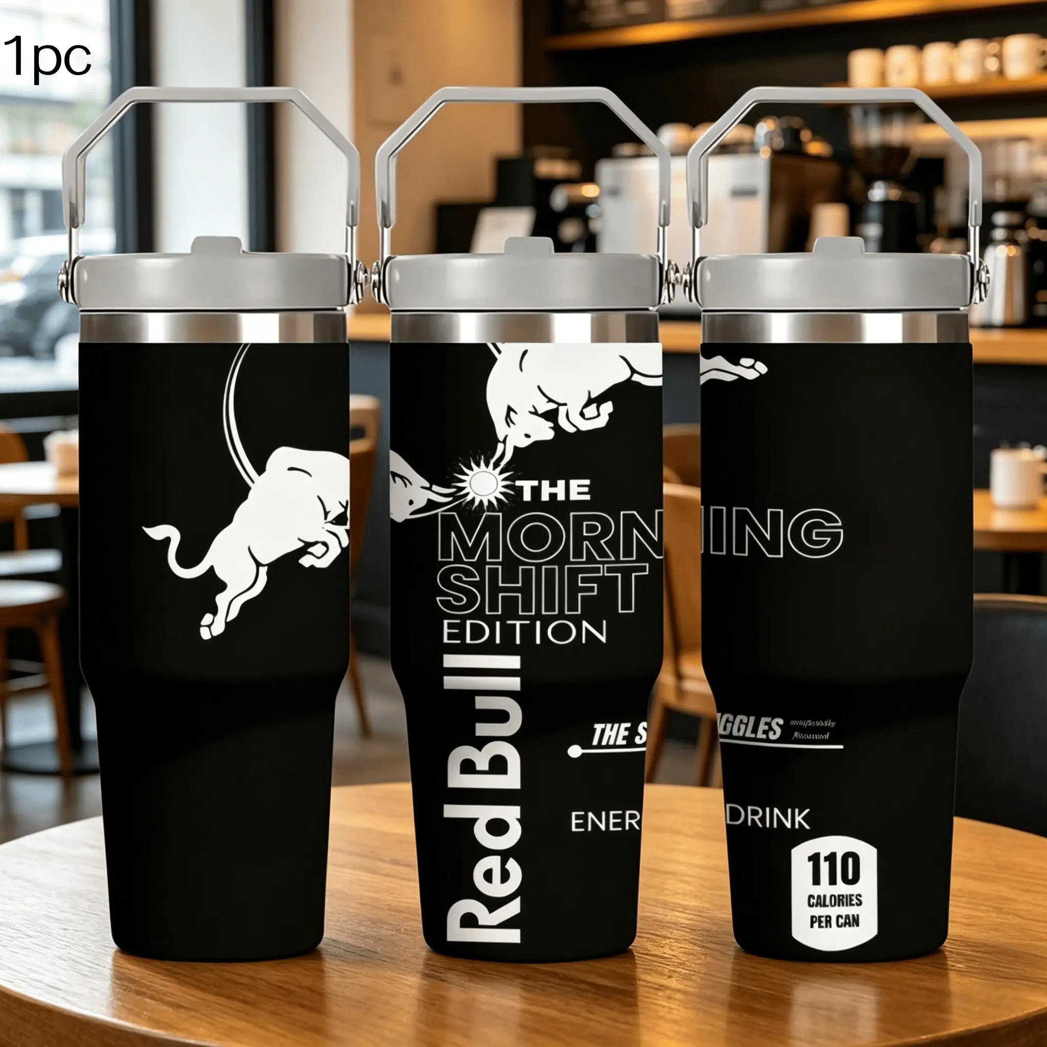 1pc 30oz Stainless Steel Insulated Mug, Coffee Thermal Cup, Insulated Drinkware, Bull The Shift Series, available in black and white, with handle and straw, suitable for outdoor, indoor use, a great birthday/holiday gift, large capacity water bottle