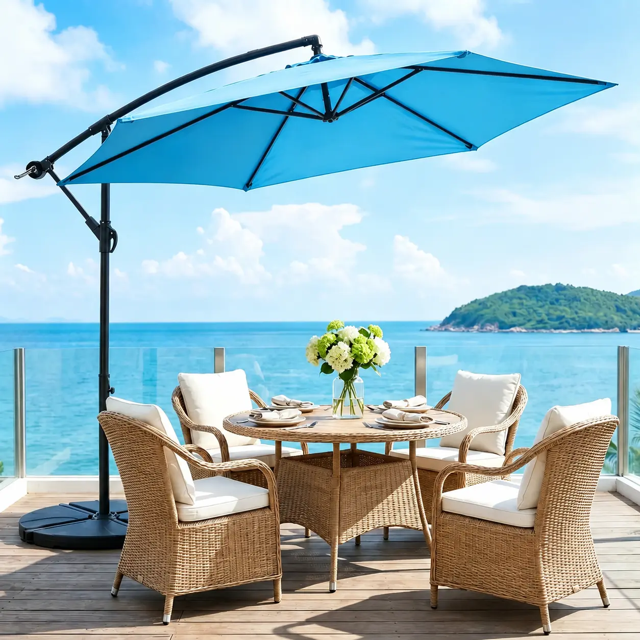 [SummerVibes] 10ft Outdoor Cantilever Parasol – 360° Rotating Offset Sun Shade with Adjustable Tilt, Waterproof Windproof 600D Oxford Canopy, Heavy-Duty Rustproof Aluminum Frame, Cross Base – Ideal for Garden, Patio, Poolside