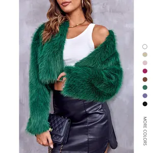 Danedvi Women's Elegant Bling Polyester Faux Fur Cropped Open-Front Cardigan - Long-Sleeve Loose Lady's Comfortable Shaggy Fluffy Short Coat Top for Casual Outdoor Use