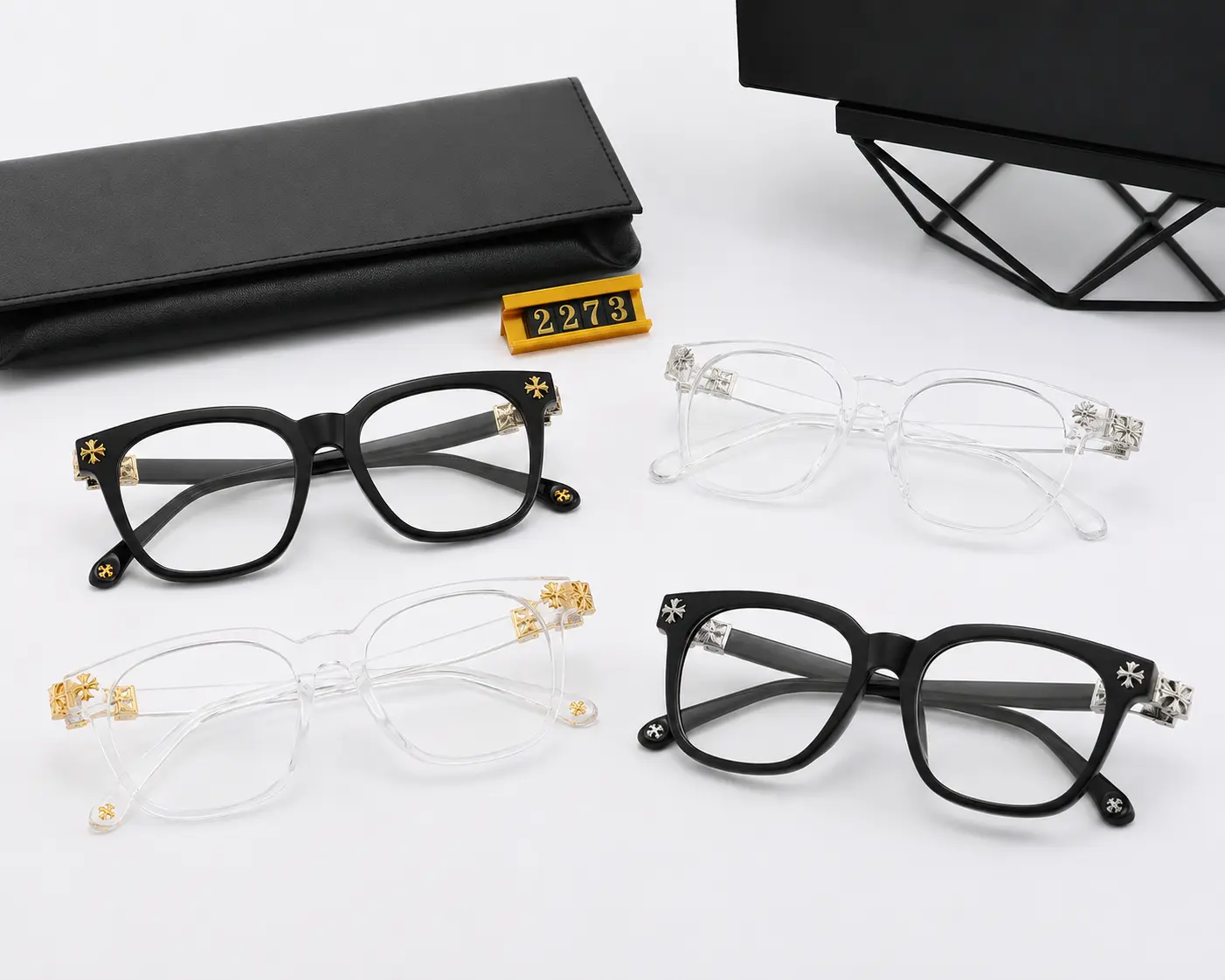 Premium Black Square Eyeglass Frames for Men & Women, Luxury Unisex Optical Glasses with Gold & Silver Cross Accents, High-End Vintage Designer Style Fashion Eyewear, Bold Statement Frames with Protective Leather Case
