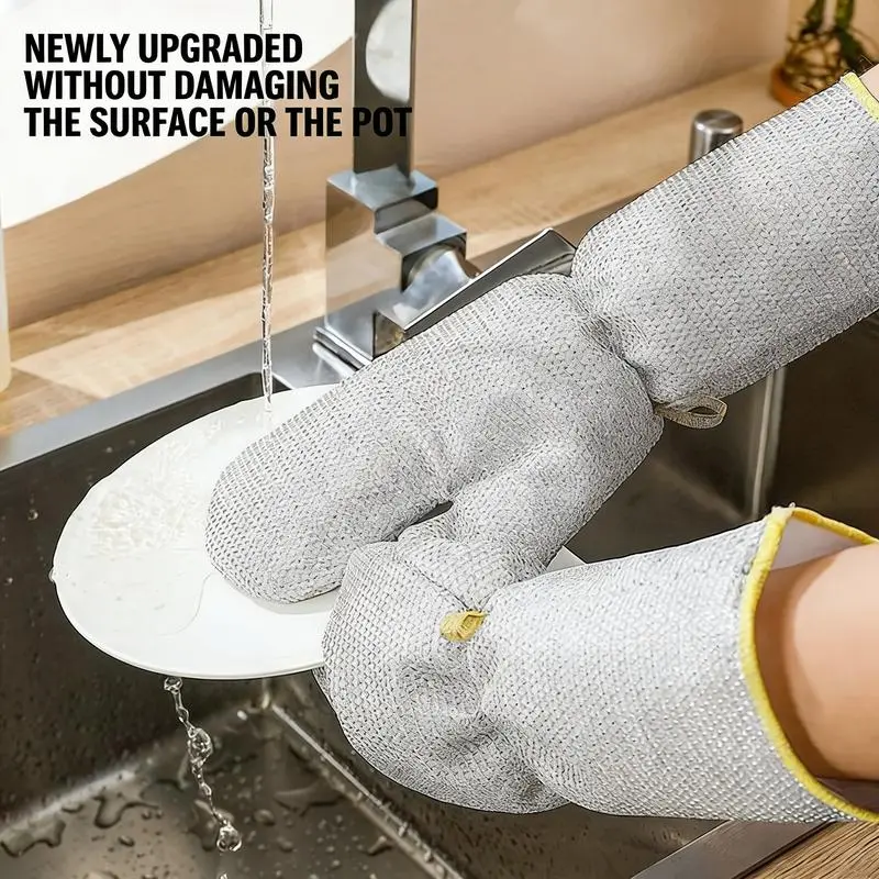 2-Pcs Set Reinforced Steel Wire Dishwasher Gloves, Cloth-Lined Household Kitchen Gloves with Lightweight, Comfortable, Durable, Waterproof, Oil-Proof, Heat-Resistant, Abrasive-Texture, Scratch-Safe Scrub & Abrasion-Resistant Features for Dishes Cleaning