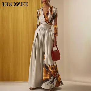 UOOZEE new floral print jumpsuit, elegant V-neck waist cinching slimming women's outfit, autumn artistic wide leg temperament jumpsuit