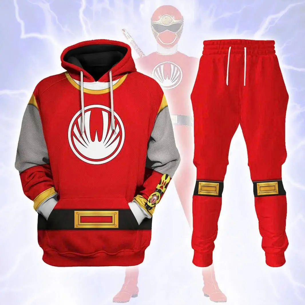 Power Rangers Ninja Storm Hoodie And Sweatpants Set, Classic Ranger Costume Tracksuit, Superhero Graphic Streetwear Outfit, Casual Pullover And Jogger Pants Activewear