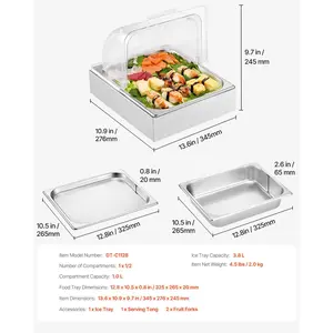 VEVOR Countertop Food Serving Display Container, 1x 1/2 Pan Stainless Steel Food Serving Tray, Buffet Condiment Dispenser Display Rack with Clear Lid Ice Tray, for Restaurant Hotel Kitchen Party