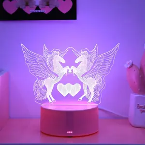 Unicorn & Love Heart Design 3D Night Light, Creative Wing Shaped Led Room Decorative Ambient Light, Indoor Ambient Light, 7 Color Desk Light For Bedroom, Birthdays, Lighting