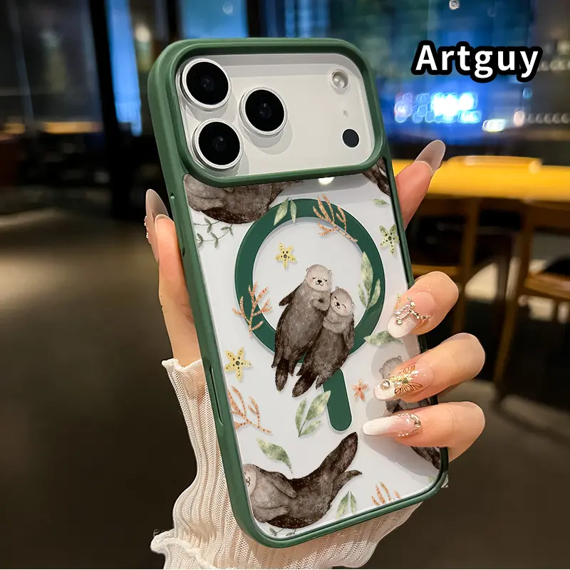 Otters' Serene Dance Pattern Magnetic Phone Case for iPhone 17 16  Pro Max Plus 15 14 13 12 11 Air E Non-Yellowing Clear Crystal Drop-proof Slim Silicone Shockproof Transparent Acrylic Cover Supports Wireless Charging