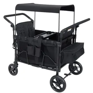 GAOMON 4 Seater Wagon Stroller with Removable Seats & Snack Tray - Foldable Wagon for Kids, Camping, Beach & Pets - Puncture-Proof Tires (9" Front/11 Rear), One-Step Brake, 132 lbs Capacity, Black