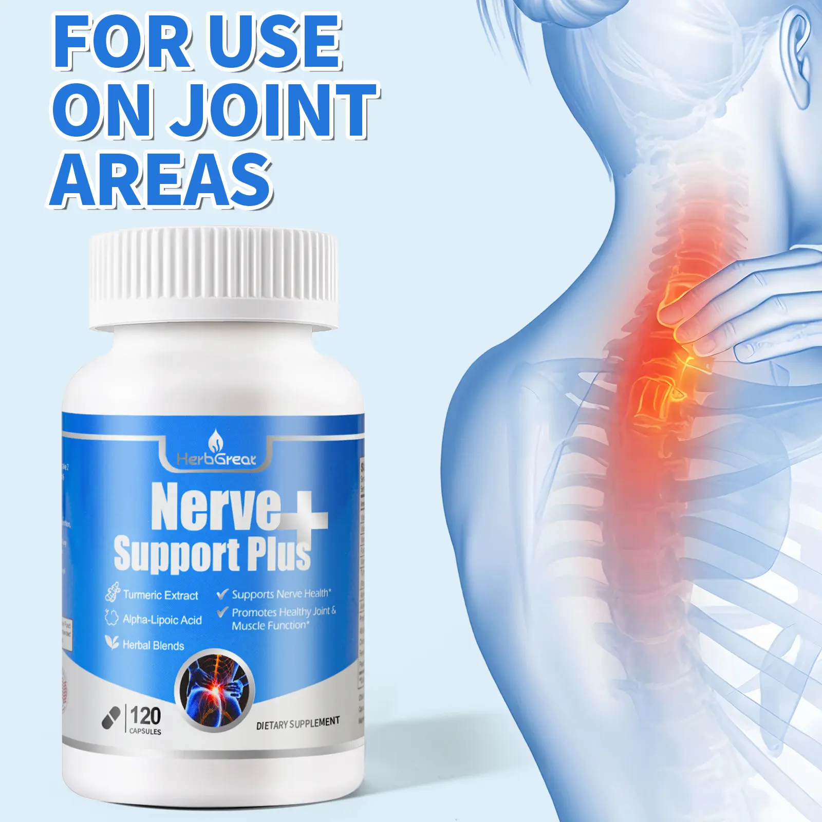 HERBGREAT Sciatic Nerve Health Support Supplement - Nerve Support Formula with Turmeric Extract, Vitamin C, , Alpha-LipoicAcid，Acetyl-L-Carnitine，High-dose alpha-lipoic acid - 120 Capsules He Fitness althcare Natural Healthcare Gummies for All Adults
