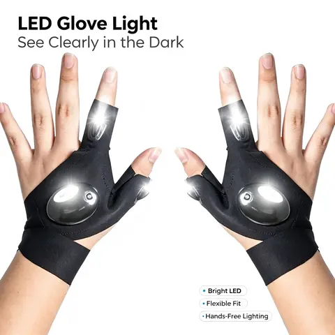 Unisex Polyester LED Finger Flashlight Gloves - One Size, Adjustable Strap, Flexible Fit, Hands-Free Lights for Hiking, Fishing, Outdoor Tasks