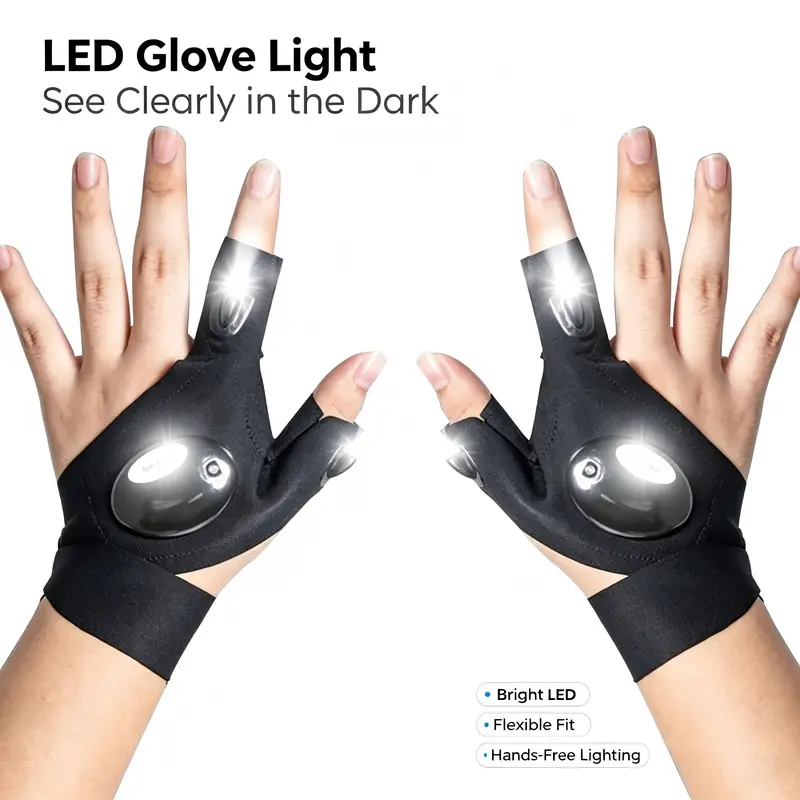 Unisex Polyester LED Finger Flashlight Gloves - One Size, Adjustable Strap, Flexible Fit, Hands-Free Lights for Hiking, Fishing, Outdoor Tasks