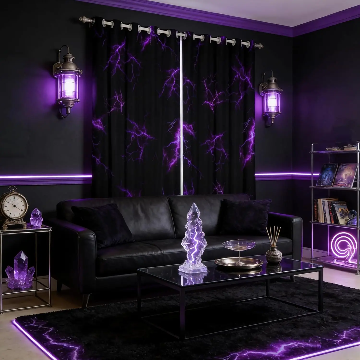 3D Lightning Window Curtain,Cool Purple Neon Print Window Drapes,Sparkling Sky Modern Gamer Room Blackout Curtains for Living Room