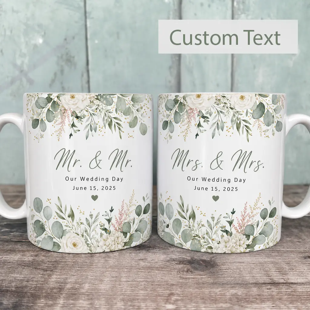 Personalized Wedding Mug, Custom Ceramic Coffee Cup, 2D Printed 3D Effect Floral Greenery Couple Design, For Mr & Mr Mrs & Mrs Newlyweds, Wedding Anniversary Bridal Shower Gift, Romantic Wedding Keepsake