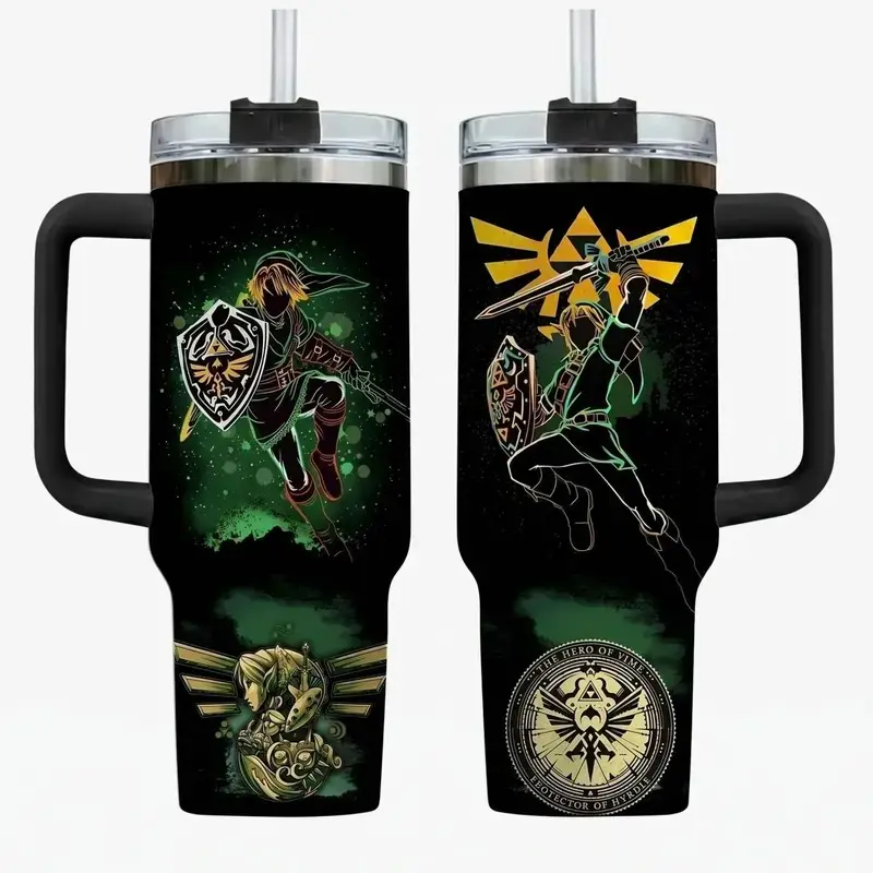 Zelda Protector of Hyrule 40 oz Stainless Steel Tumbler, Legend Classic Video Game Mug with Handle, Insulated Green Link Travel Cup, Nostalgic Gaming Holiday Drinkware, Leak Proof Cold Water Flask with Straw, Unique Gamer Geek Memorabilia Gift
