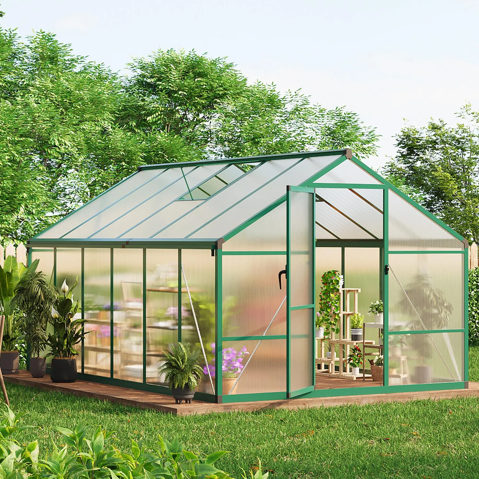 GARVEE 8x12 FT Walk-in Polycarbonate Greenhouse Kit, Outdoor Aluminum Frame Greenhouse with Lockable Door, Roof Vent, Ground Spikes for Garden, Patio, Walk-In Kit
