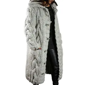 Women's Chunky Cable Knitting Clothes, Silky Casual Tops, Hooded Cardigan Coat with Large Buttons & Pockets, Super Warm Sports Outerwear for Winter Outings & Daily Wear, Cozy Cold-Weather Essential Gift