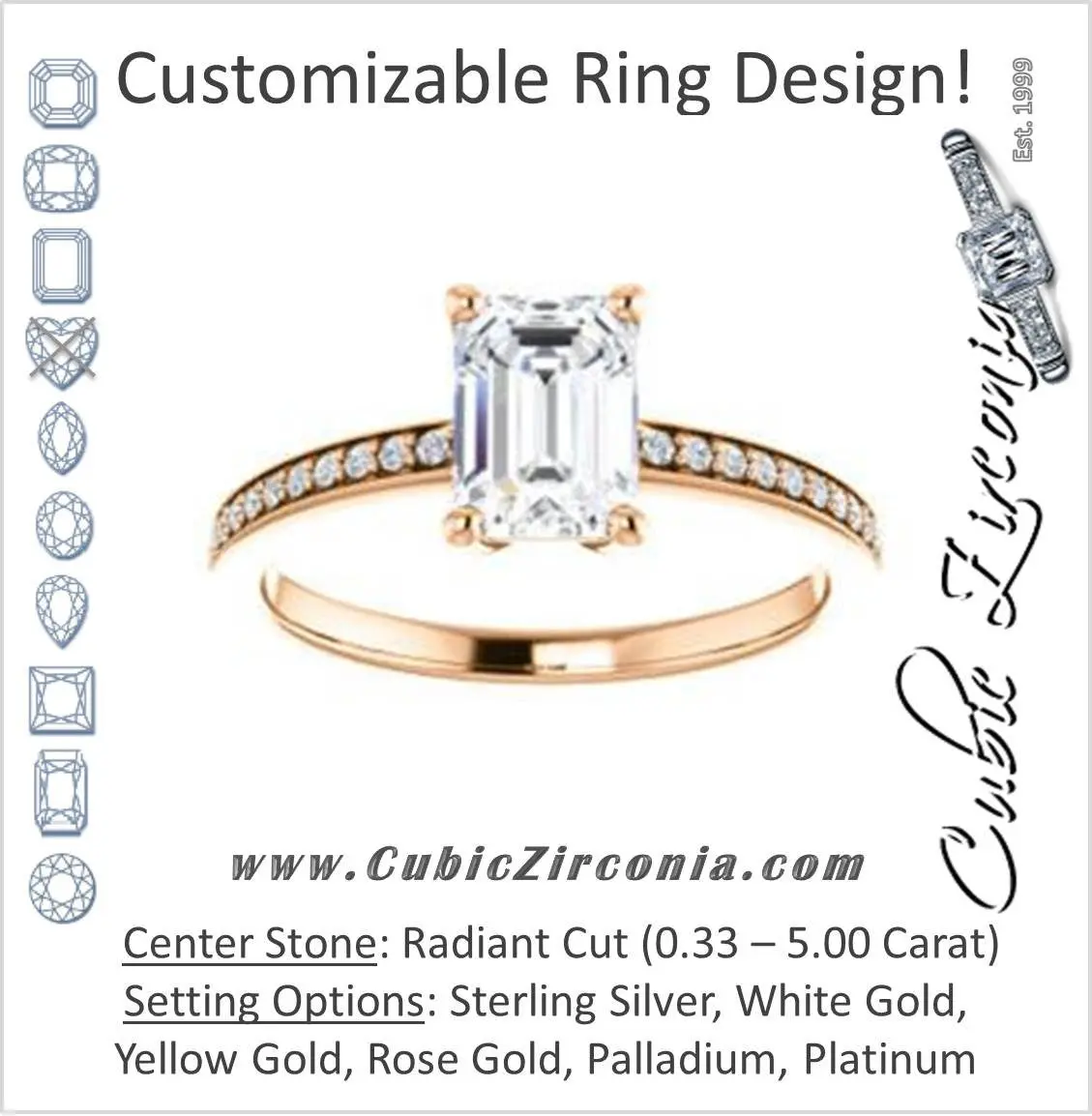Cubic Zirconia Engagement Ring- The Majo Jimena (Customizable Radiant Cut Design with Thin Pavé Band)