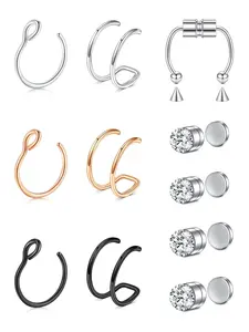Rhinestone Decorated Fake Nose Ring (13pcs/set), Stainless Steel Magnetic Nose Ring, Non-piercing Nose Ring for Women & Men, Non Piercing Jewelry, Fashion Accessories for Party, Daily Clothing Decor