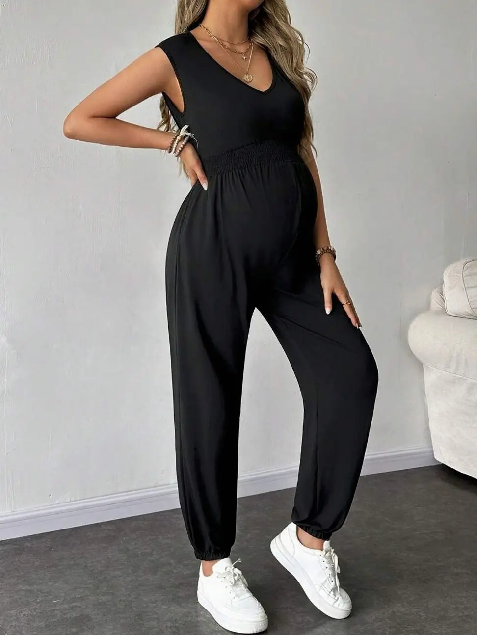 Maternity Jumpsuit Casual Commuting Romper With Shirred Cinched Waist Comfortable Pregnancy Wear