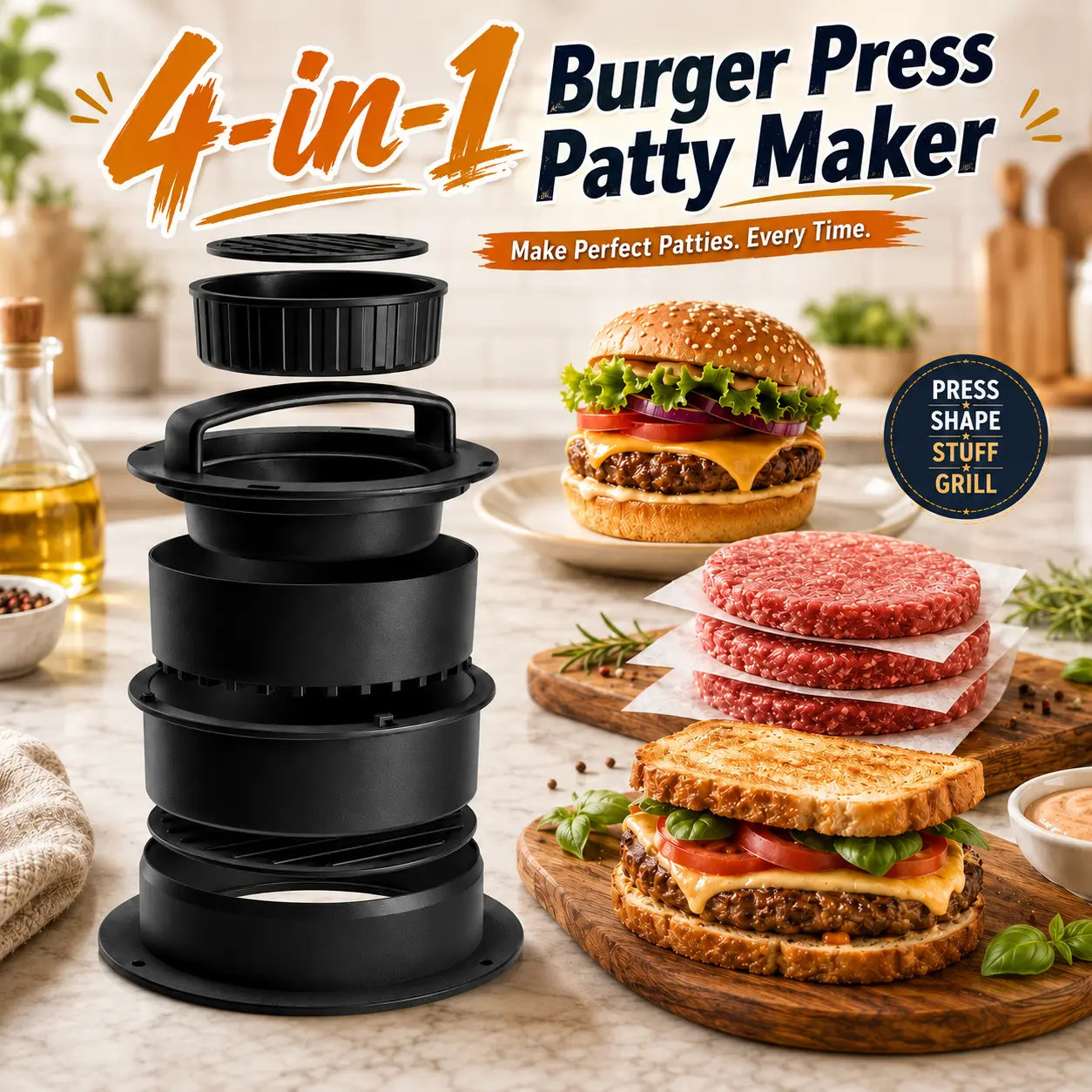 4-in-1 Burger Press & Sandwich Sealer Set, Multi-Size Patty Maker for Stuffed Burgers, Sliders and Round Sandwiches, Reusable BBQ Kitchen Mold for Home Cooking