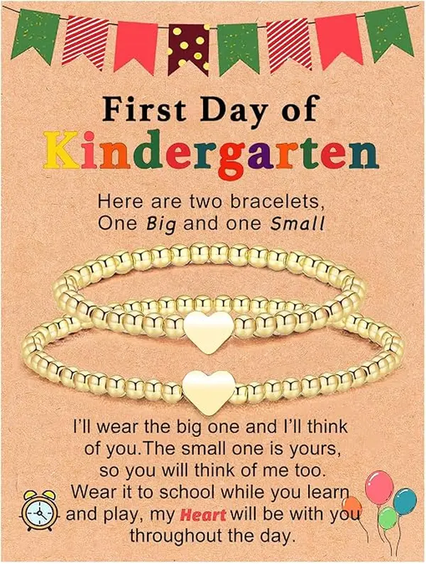 September Laurel 2Pcs First Day of Kindergarten Preschool Bracelets for Mommy and Me, Matching Heart Beaded Bracelets for Mother Daughter