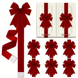 4/6/8 pieces of wine red velvet Christmas cabinet door bow and ribbon made of polyester fiber - large elegant gift packaging suitable for Christmas, kitchen, and party furniture decoration - no electricity required, holiday decoration, Garland Ribbon