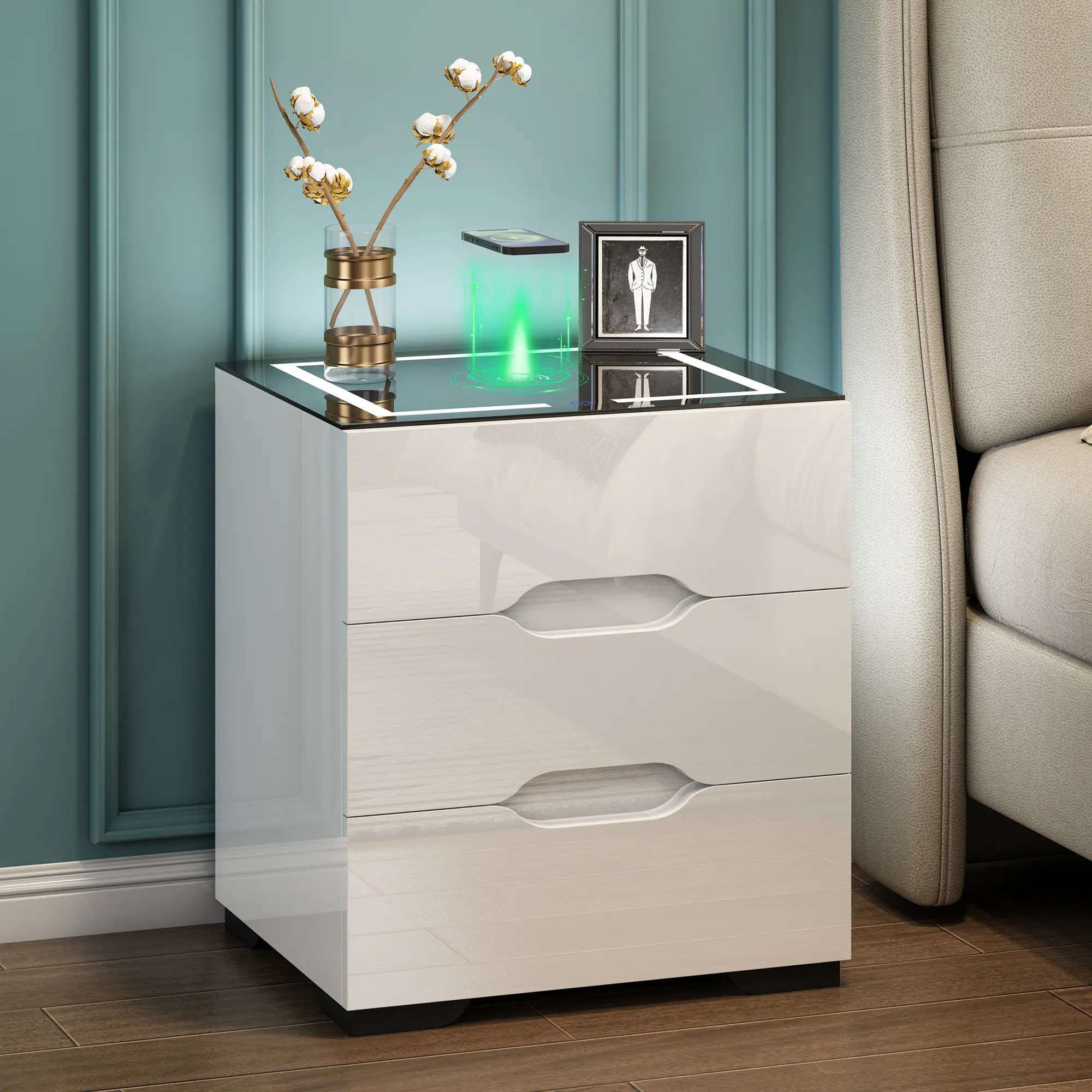 High-Gloss Smart Nightstand with 3 Storage Drawers, Wireless Charging Station, Adjustable LED Lights, USB Charging Ports, Bedroom Indoor Furniture Side Table Organizer
