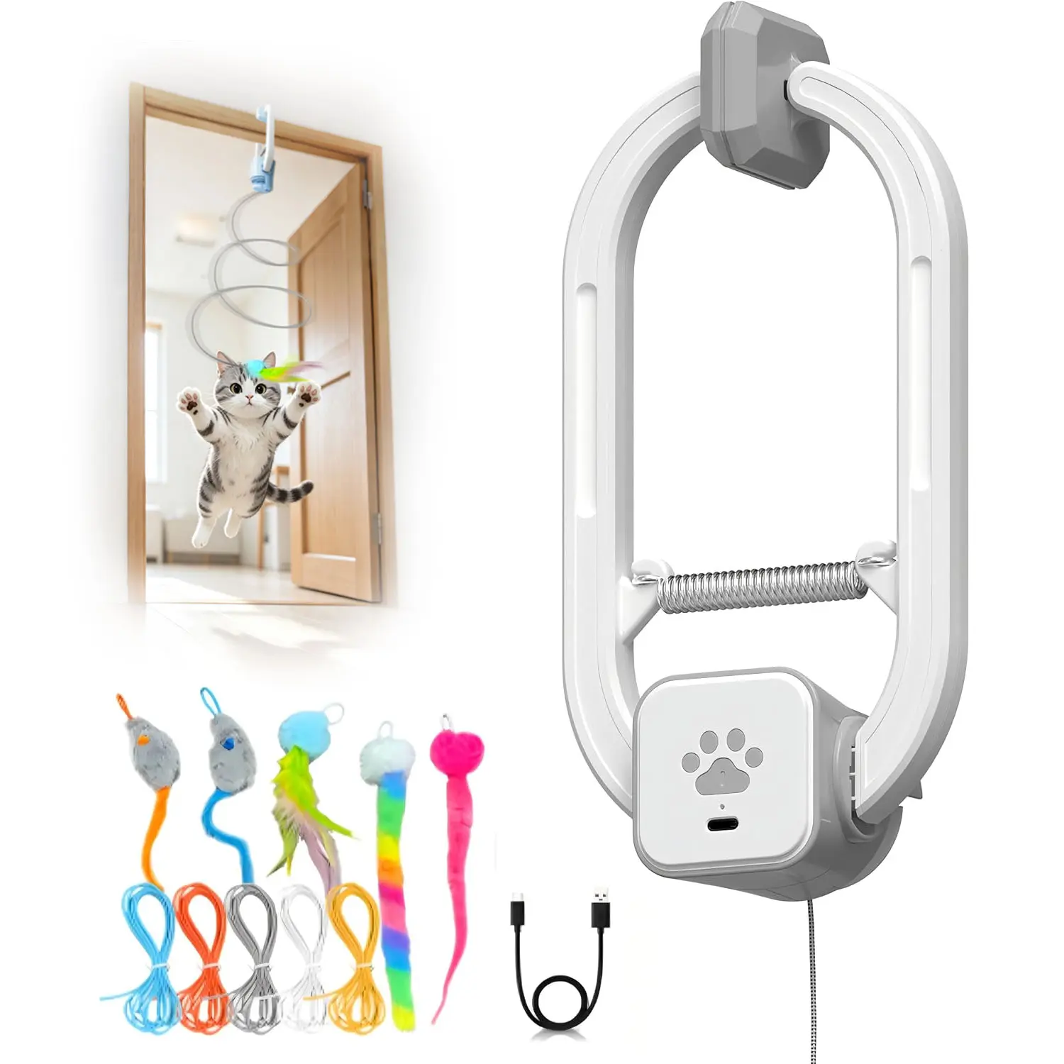 HAPPYCODE Electric Cat Teaser Toy, Rechargeable Door-Mounted Interactive Cat Toy for Indoor Cats, 2 Play Modes, Adjustable String, Multiple Attachments, Cat Enrichment Toy to Keep Cats Active,International Cat Day,back to school #backtoschool