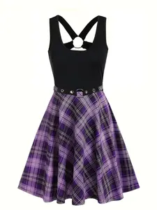 Women's Plaid Patchwork Print O-ring Detail Grommet Eyelet Tank Dress, Punk Fashion Casual Chic Fitted Sleeveless A Line Dress for Daily Outdoor Wear, Women Dress for Summer