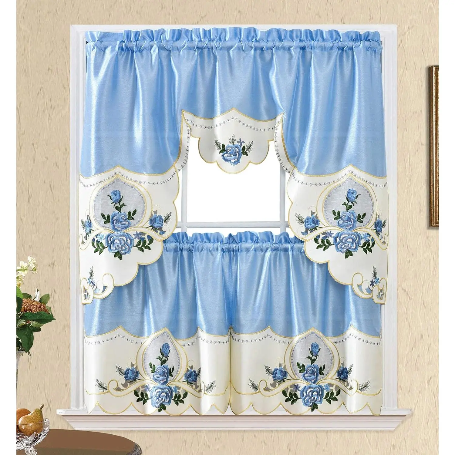Rose Melody. 3 count Kitchen Cafe Curtain Set. Swag and 24 inches Tiers Set for Small Windows. Nice Matching Color Rose Embroidery on Border and Inserted Organza. (Light Blue)