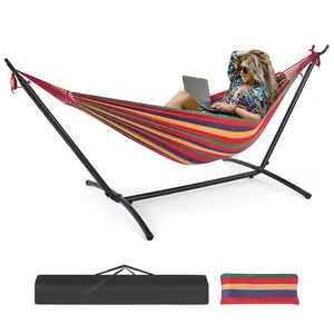 Hammock with Space Saving Stand, Heavy Duty Steel Frame, Portable for Outside & Indoor Use, 450lbs Capacity, Easy Assembly, Carrying Bag Included