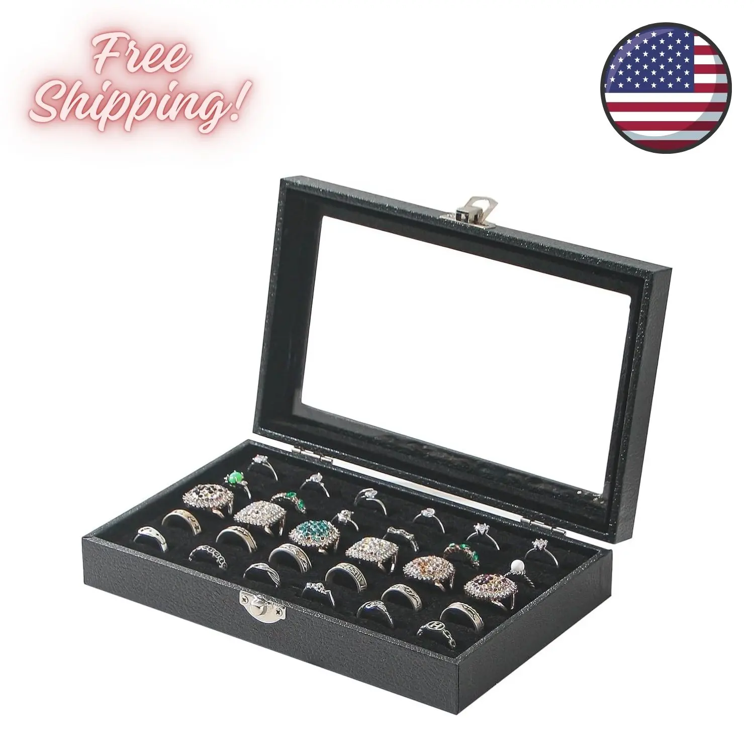Ring Organizer Box for Jewelry, Rings Cufflinks Storage Case, Black (30 Slots)
