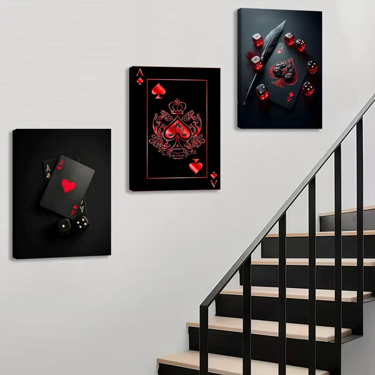 3Pcs Artistic Frame-Style Wooden Canvas Painting Prints - Bold Card Art of Red Black Ace Of Spades, Dice, Waterproof Odorless Large Wall Art for Living Room, Bedroom Home Supplies, House Decor, Decor Inspo (Posters & Prints), Playing Card