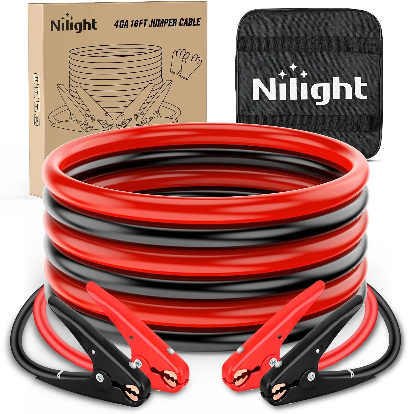 Nilight Car Battery Jumper Cables - 4 Gauge, 16ft Tangle-Free Heavy-Duty Booster Cables, 600A Peak CCA Copper, Carrying Bag, High Power Transfer Vehicle Accessories for Emergency Starts of Pickup Trucks, SUVs